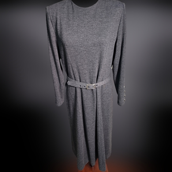 Henry Lee Elegant Gray Women's Long Sleeve Midi Dress 12P with belt - Picture 2 of 9